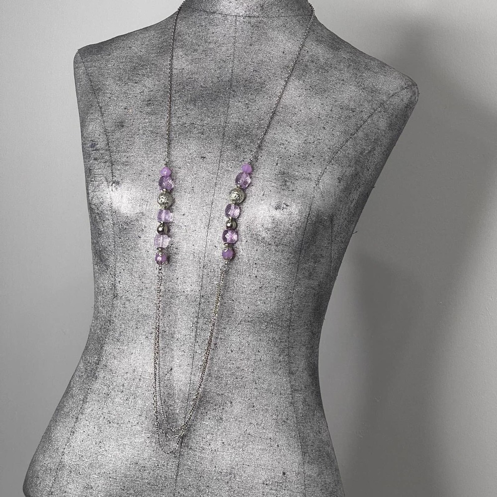 long silver chain link necklace costume jewelry with purple violet beads beading